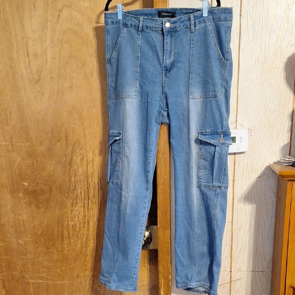 Casual Blue Cargo Straight Leg Jeans